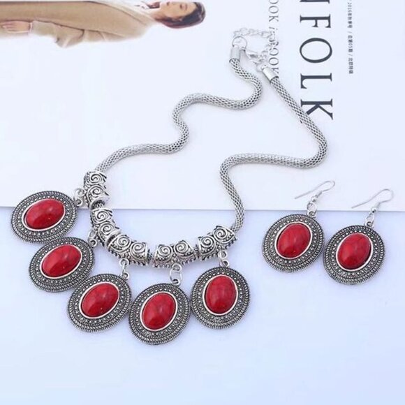 Red Gemstone Necklace and Earring Set - Picture 2 of 2